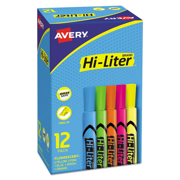 Avery® HI-LITER Desk-Style Highlighters, Assorted Ink Colors, Chisel Tip, Assorted Barrel Colors, Dozen (AVE98034)