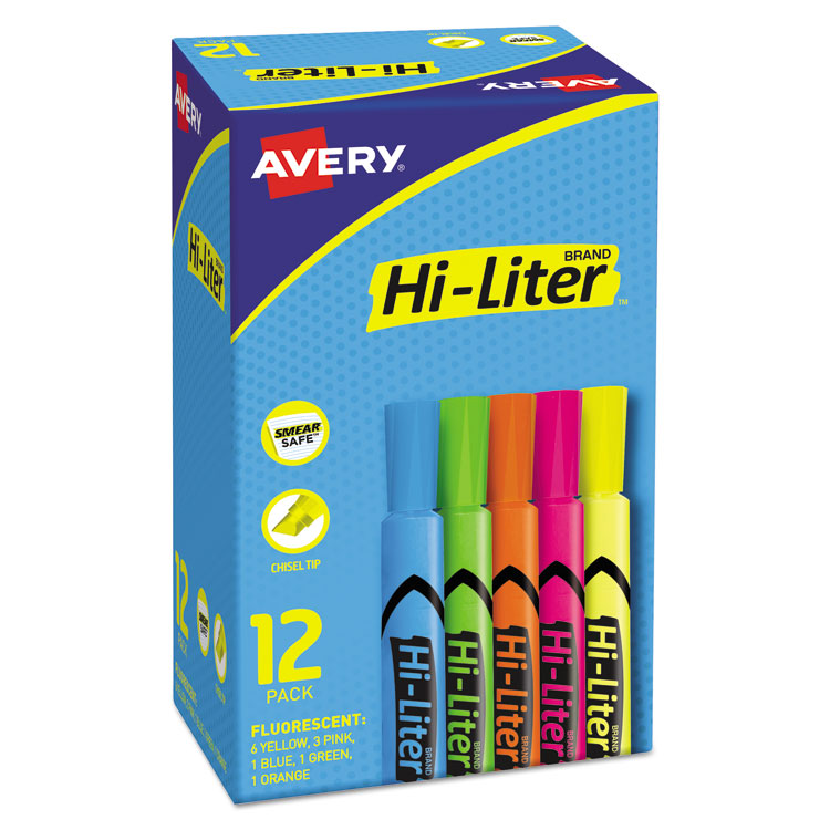 Avery® HI-LITER Desk-Style Highlighters, Assorted Ink Colors, Chisel Tip, Assorted Barrel Colors, Dozen (AVE98034) Pack of 12