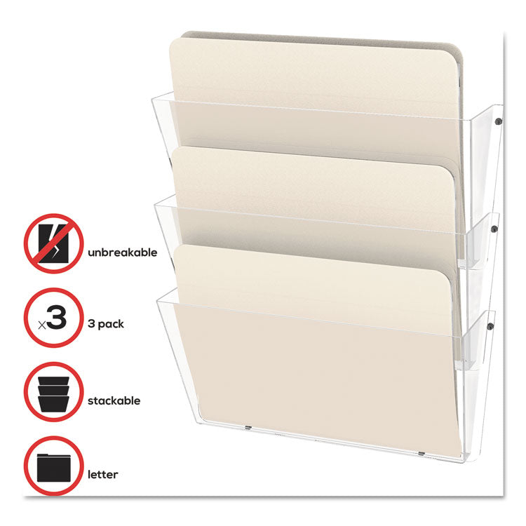 deflecto® Unbreakable DocuPocket Wall File, 3 Sections, Letter Size, 14.5" x 3" x 6.5", Clear, 3/Pack (DEF63601RT) Pack of 3