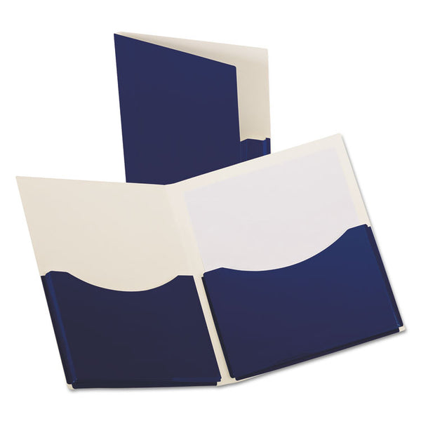 Oxford™ Double Stuff Gusseted 2-Pocket Laminated Paper Folder, 200-Sheet Capacity, 11 x 8.5, Navy, 20/Box (OXF54443)