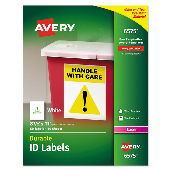 Avery® Durable Permanent ID Labels with TrueBlock Technology, Laser Printers, 8.5 x 11, White, 50/Pack (AVE6575)