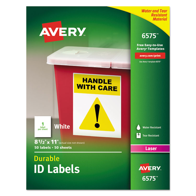 Avery® Durable Permanent ID Labels with TrueBlock Technology, Laser Printers, 8.5 x 11, White, 50/Pack (AVE6575) Pack of 50