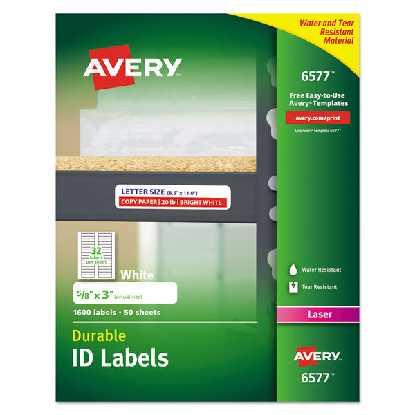 Avery® Durable Permanent ID Labels with TrueBlock Technology, Laser Printers, 0.63 x 3, White, 32/Sheet, 50 Sheets/Pack (AVE6577)