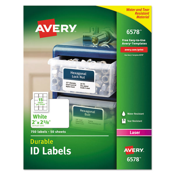 Avery® Durable Permanent ID Labels with TrueBlock Technology, Laser Printers, 2 x 2.63, White, 15/Sheet, 50 Sheets/Pack (AVE6578)