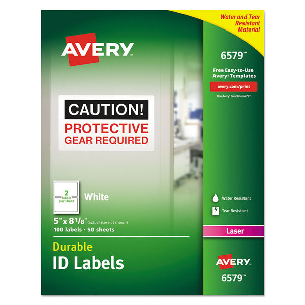 Avery® Durable Permanent ID Labels with TrueBlock Technology, Laser Printers, 5 x 8.13, White, 2/Sheet, 50 Sheets/Pack (AVE6579)