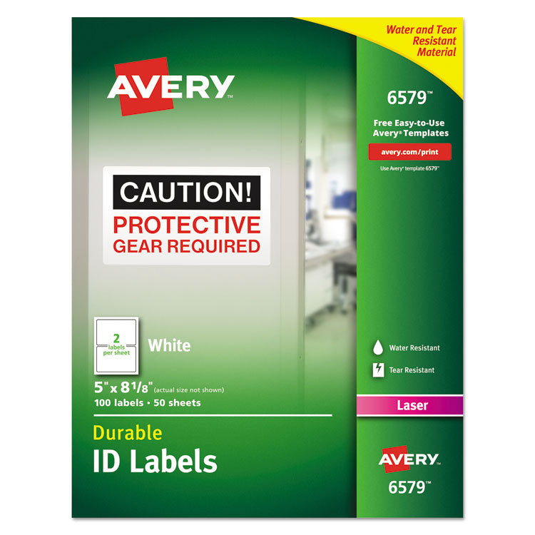 Avery® Durable Permanent ID Labels with TrueBlock Technology, Laser Printers, 5 x 8.13, White, 2/Sheet, 50 Sheets/Pack (AVE6579)
