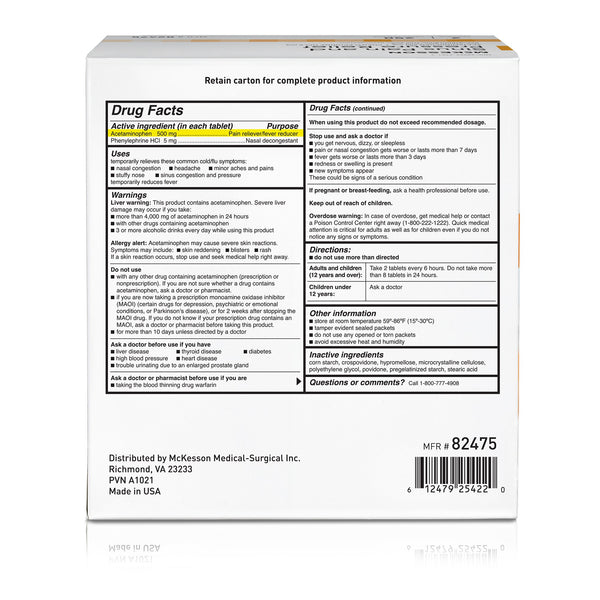 McKesson Brand Cold and Sinus Relief 500 mg - 5 mg Strength Tablet 2 per Pack (1111742_CS) 3000/CS