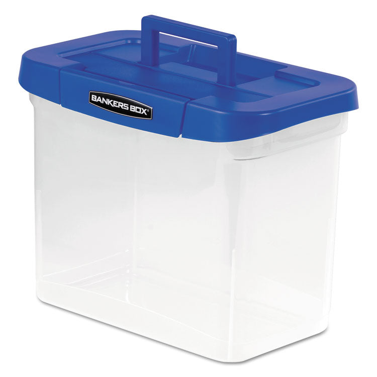 Bankers Box® Heavy-Duty Portable File Box, Letter Files, 14.25" x 8.63" x 11.06", Clear/Blue (FEL0086301) Each