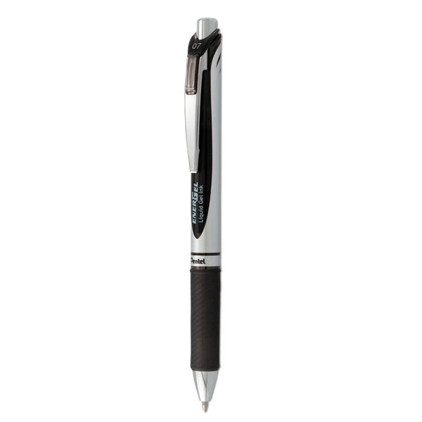 Pentel® EnerGel RTX Gel Pen, Retractable, Medium 0.7 mm, Black Ink, Black/Silver Barrel, Dozen (PENBL77PC12A1)