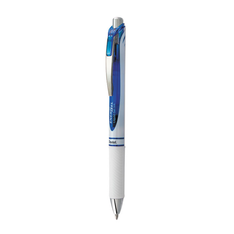 Pentel® EnerGel RTX Gel Pen, Retractable, Medium 0.7 mm, Blue Ink, White/Translucent Blue Barrel (PENBL77PWC)