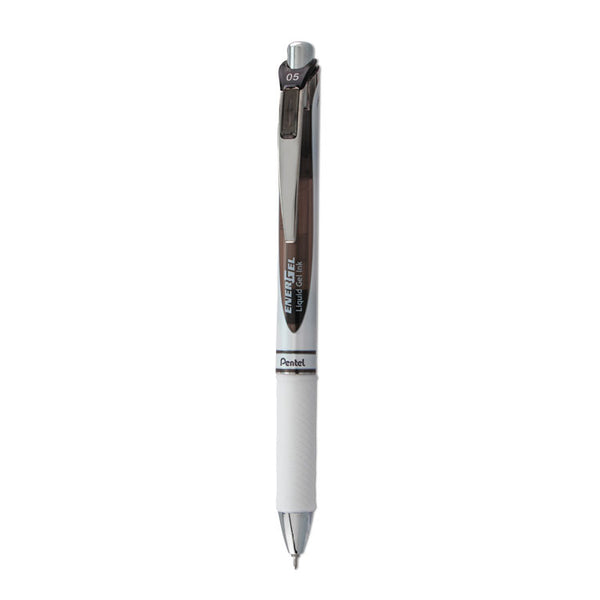 Pentel® EnerGel RTX Gel Pen, Retractable, Fine 0.5 mm Needle Tip, Black Ink, White/Smoke Barrel (PENBLN75PWA)