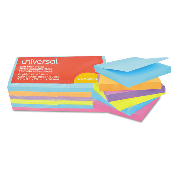 Universal® Self-Stick Note Pads, 3" x 3", Assorted Bright Colors, 100 Sheets/Pad, 12 Pads/Pack (UNV35610)