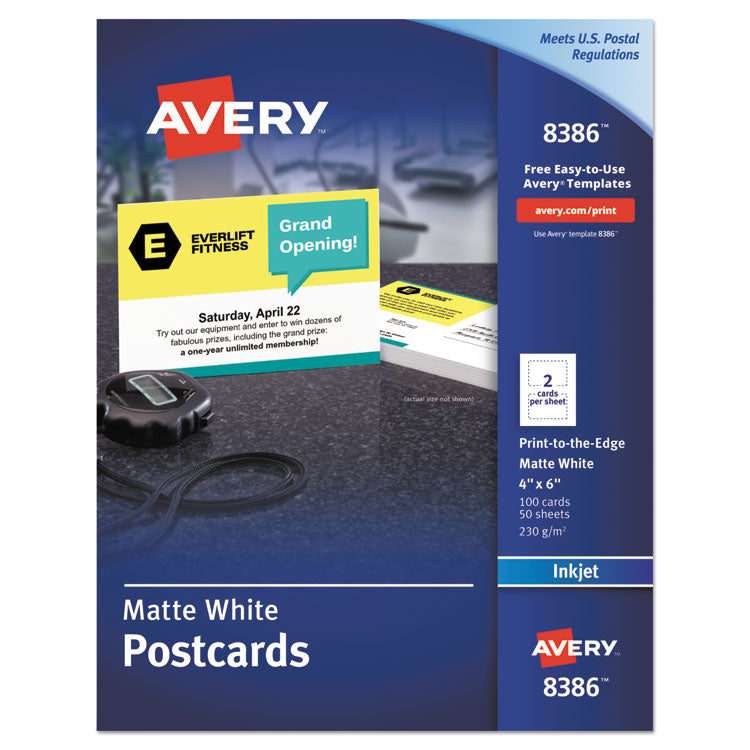 Avery® Printable Postcards, Inkjet, 85 lb, 4 x 6, Matte White, 100 Cards, 2 Cards/Sheet, 50 Sheets/Box (AVE8386)