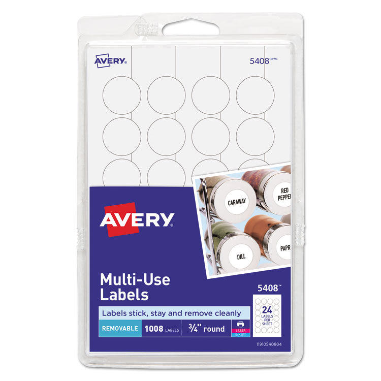 Avery® Removable Multi-Use Labels, Inkjet/Laser Printers, 0.75" dia, White, 24/Sheet, 42 Sheets/Pack, (5408) (AVE05408)