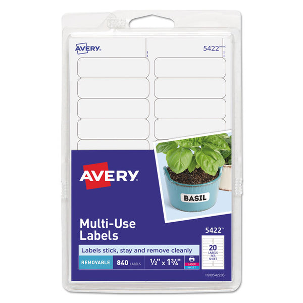 Avery® Removable Multi-Use Labels, Inkjet/Laser Printers, 0.5 x 1.75, White, 20/Sheet, 42 Sheets/Pack, (5422) (AVE05422)