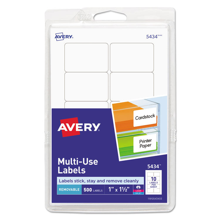 Avery® Removable Multi-Use Labels, Inkjet/Laser Printers, 1 x 1.5, White, 10/Sheet, 50 Sheets/Pack, (5434) (AVE05434)