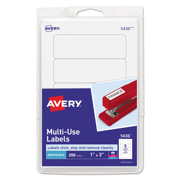 Avery® Removable Multi-Use Labels, Inkjet/Laser Printers, 1 x 3, White, 5/Sheet, 50 Sheets/Pack, (5436) (AVE05436)