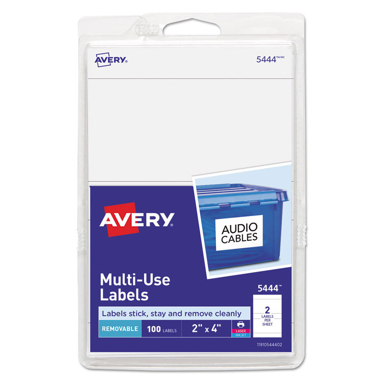 Avery® Removable Multi-Use Labels, Inkjet/Laser Printers, 2 x 4, White, 2/Sheet, 50 Sheets/Pack, (5444) (AVE05444)