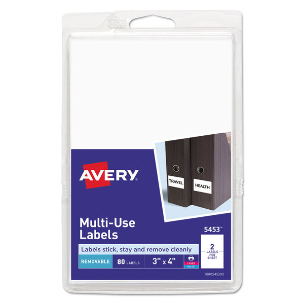 Avery® Removable Multi-Use Labels, Inkjet/Laser Printers, 3 x 4, White, 2/Sheet, 40 Sheets/Pack, (5453) (AVE05453)