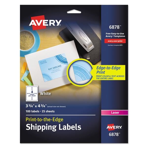 Avery® Vibrant Laser Color-Print Labels w/ Sure Feed, 3.75 x 4.75, White, 100/PK (AVE6878)