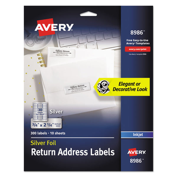 Avery® Foil Mailing Labels, Inkjet Printers, 0.75 x 2.25, Silver, 30/Sheet, 10 Sheets/Pack (AVE8986)