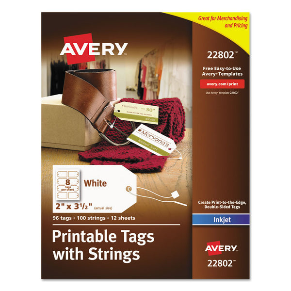 Avery® Printable Rectangular Tags with Strings, 2 x 3.5, Matte White, 96/Pack (AVE22802)