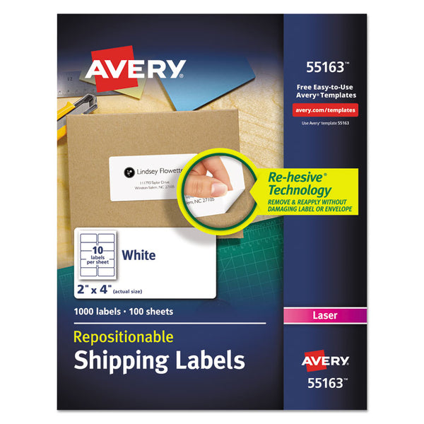 Avery® Repositionable Shipping Labels w/Sure Feed, Inkjet/Laser, 2 x 4, White, 1000/Box (AVE55163)