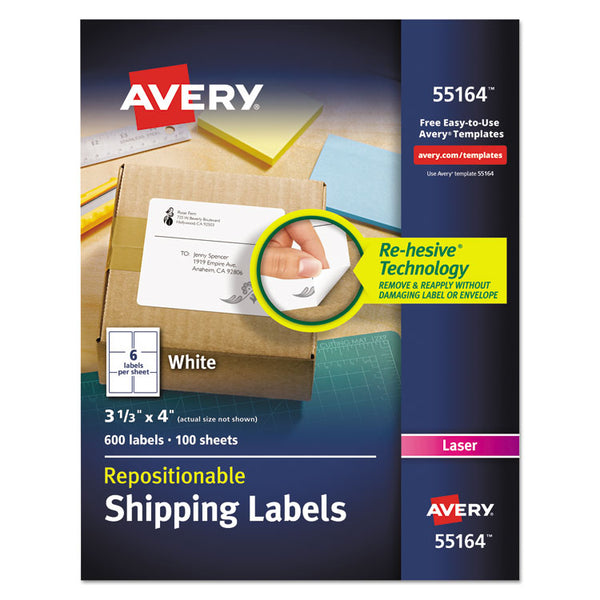 Avery® Repositionable Shipping Labels w/SureFeed, Laser, 3.33 x 4, White, 600/Box (AVE55164)