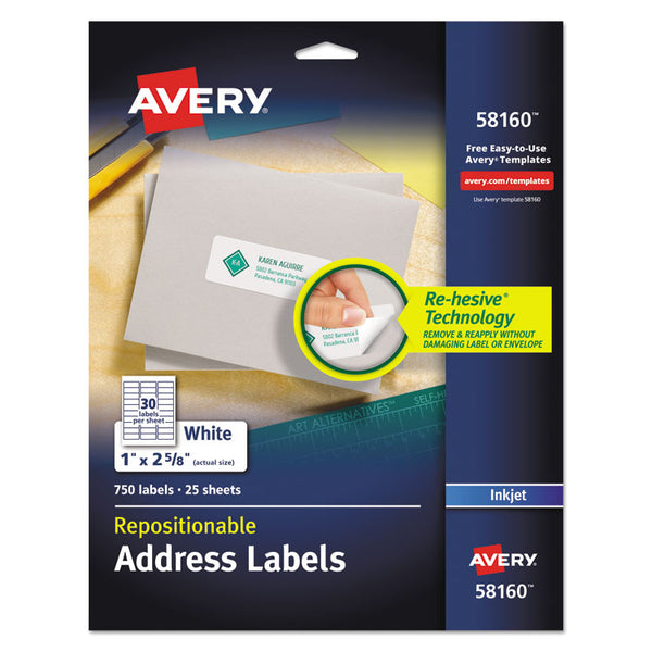 Avery® Repositionable Address Labels w/SureFeed, Inkjet/Laser, 1 x 2.63, White, 750/BX (AVE58160)