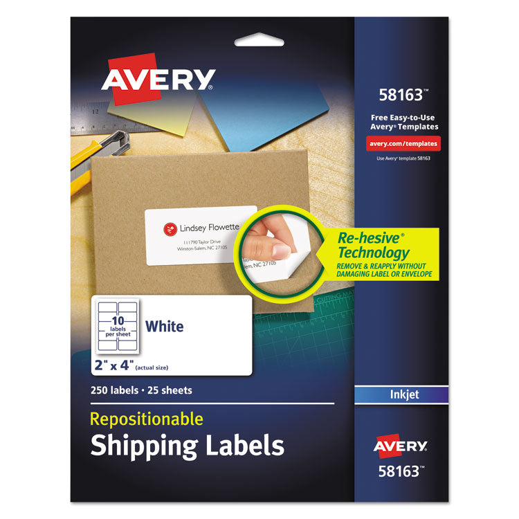 Avery® Repositionable Address Labels w/Sure Feed, Inkjet/Laser, 2 x 4, White, 250/Box (AVE58163)