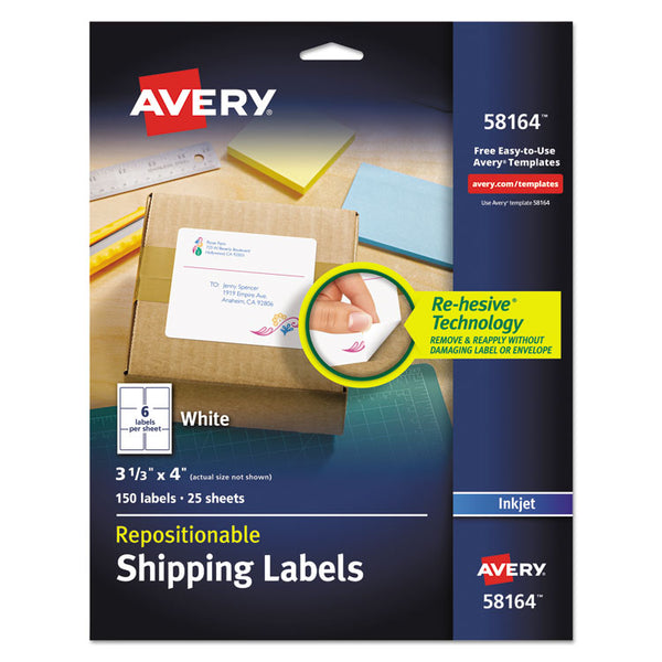 Avery® Repositionable Shipping Labels w/SureFeed, Inkjet, 3.33 x 4, White, 150/Box (AVE58164)