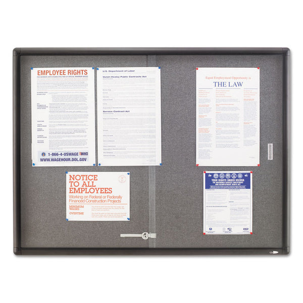 Quartet® Enclosed Indoor Cork and Gray Fabric Bulletin Board with Two Sliding Glass Doors, 48 x 36, Graphite Gray Aluminum Frame (QRT2364S)