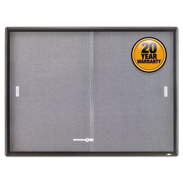 Quartet® Enclosed Indoor Cork and Gray Fabric Bulletin Board with Two Sliding Glass Doors, 48 x 36, Graphite Gray Aluminum Frame (QRT2364S)