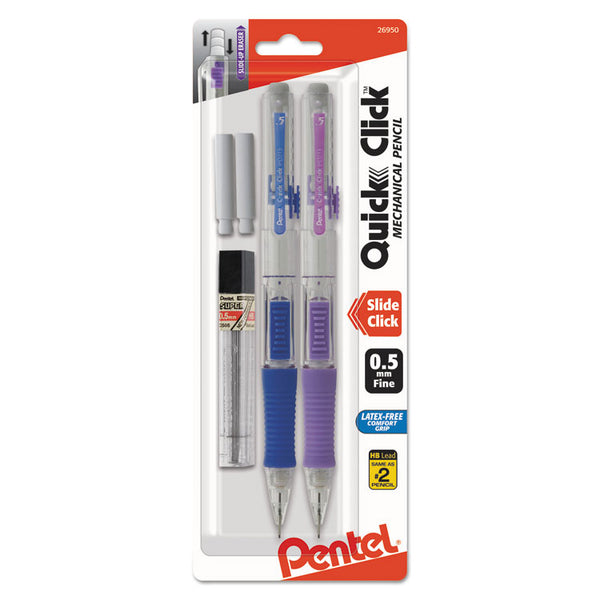 Pentel® QUICK CLICK Mechanical Pencils with Tube of Lead/Erasers, 0.5 mm, HB (#2), Black Lead, Assorted Barrel Colors, 2/Pack (PENPD215LEBP2)