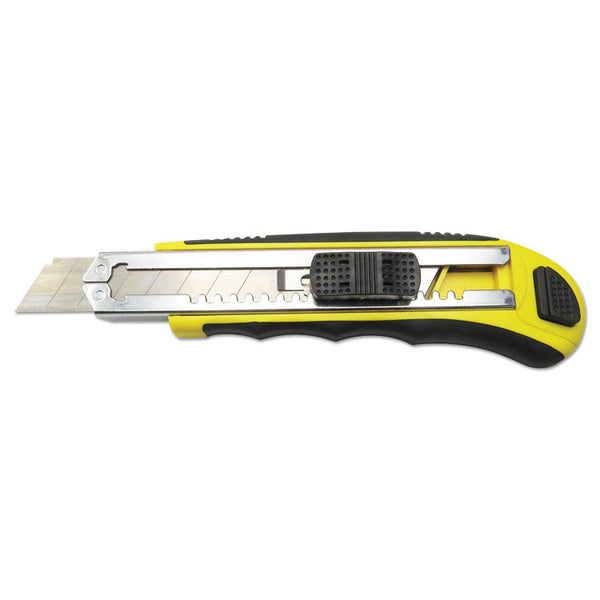Rubber-Gripped Retractable Snap Blade Knife, 4" Blade, 5.5" Plastic/Rubber Handle, Black/Yellow (BWKUKNIFE25) Each