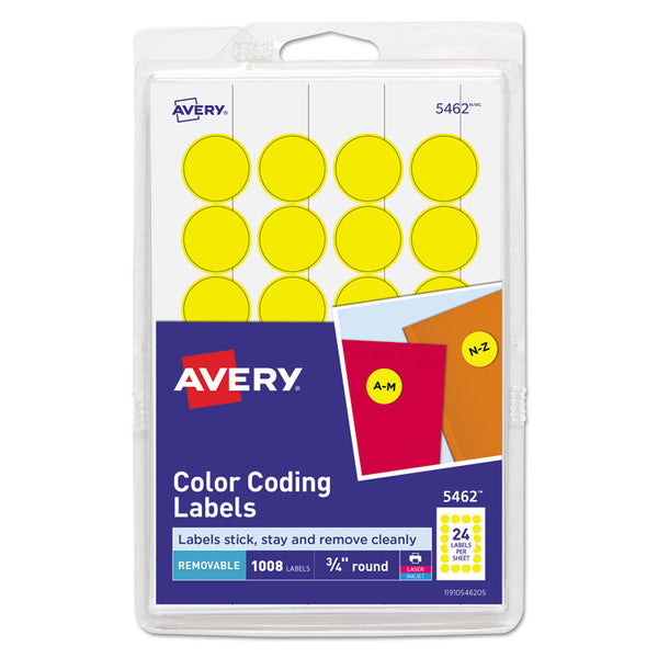 Avery® Printable Self-Adhesive Removable Color-Coding Labels, 0.75" dia, Yellow, 24/Sheet, 42 Sheets/Pack, (5462) (AVE05462)