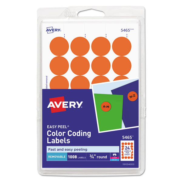 Avery® Printable Self-Adhesive Removable Color-Coding Labels, 0.75" dia, Orange, 24/Sheet, 42 Sheets/Pack, (5465) (AVE05465)