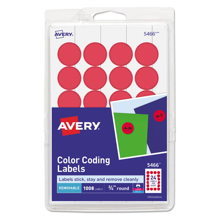 Avery® Printable Self-Adhesive Removable Color-Coding Labels, 0.75" dia, Red, 24/Sheet, 42 Sheets/Pack, (5466) (AVE05466)