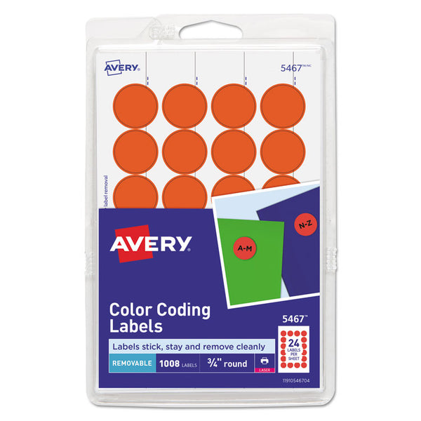 Avery® Printable Self-Adhesive Removable Color-Coding Labels, 0.75" dia, Neon Red, 24/Sheet, 42 Sheets/Pack, (5467) (AVE05467)