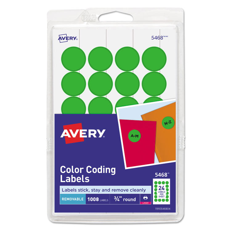 Avery® Printable Self-Adhesive Removable Color-Coding Labels, 0.75" dia, Neon Green, 24/Sheet, 42 Sheets/Pack, (5468) (AVE05468)