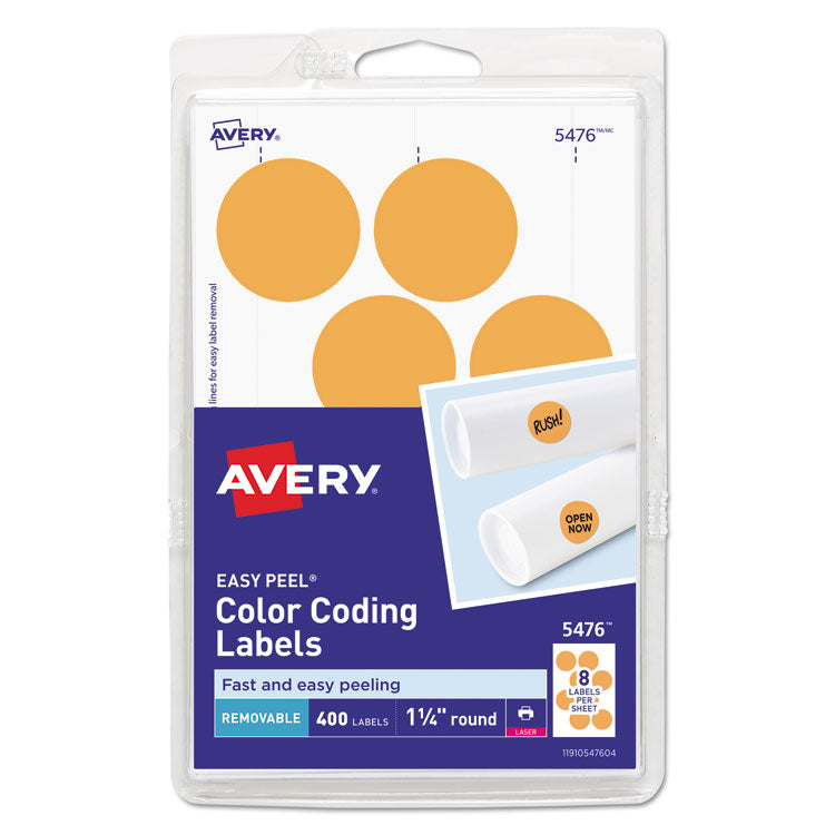 Avery® Printable Self-Adhesive Removable Color-Coding Labels, 1.25" dia, Neon Orange, 8/Sheet, 50 Sheets/Pack, (5476) (AVE05476) Pack of 400