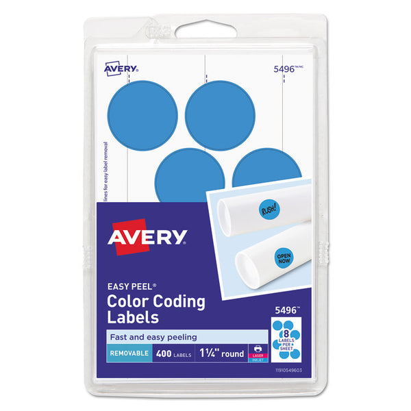 Avery® Printable Self-Adhesive Removable Color-Coding Labels, 1.25" dia, Light Blue, 8/Sheet, 50 Sheets/Pack, (5496) (AVE05496)