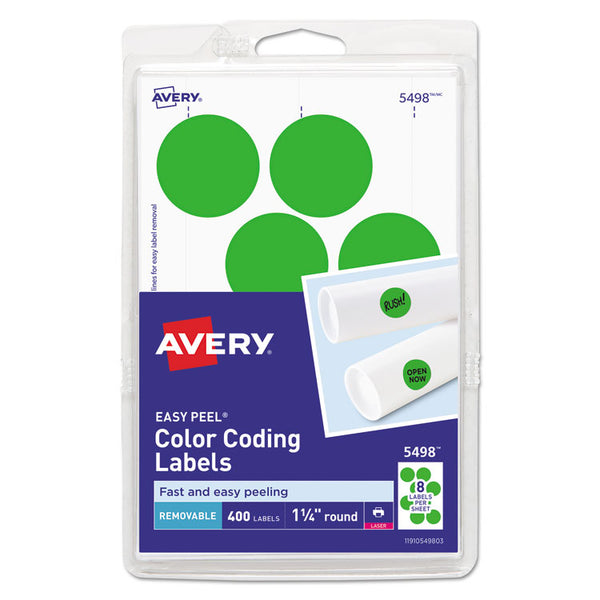 Avery® Printable Self-Adhesive Removable Color-Coding Labels, 1.25" dia, Neon Green, 8/Sheet, 50 Sheets/Pack, (5498) (AVE05498)