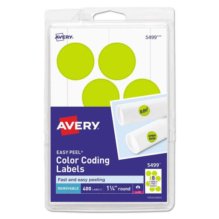 Avery® Printable Self-Adhesive Removable Color-Coding Labels, 1.25" dia, Neon Yellow, 8/Sheet, 50 Sheets/Pack, (5499) (AVE05499)