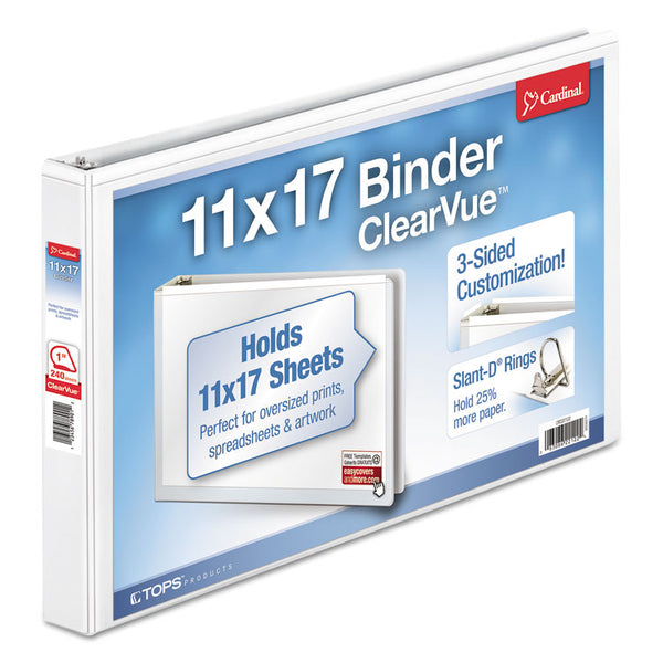 Cardinal® ClearVue Slant-D Ring Binder, 3 Rings, 1" Capacity, 11 x 17, White (CRD22112)