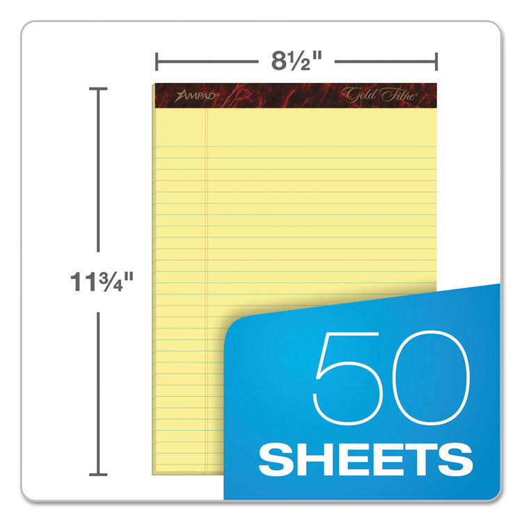 Ampad® Gold Fibre Quality Writing Pads, Wide/Legal Rule, 50 Canary-Yellow 8.5 x 11.75 Sheets, Dozen (TOP20020)