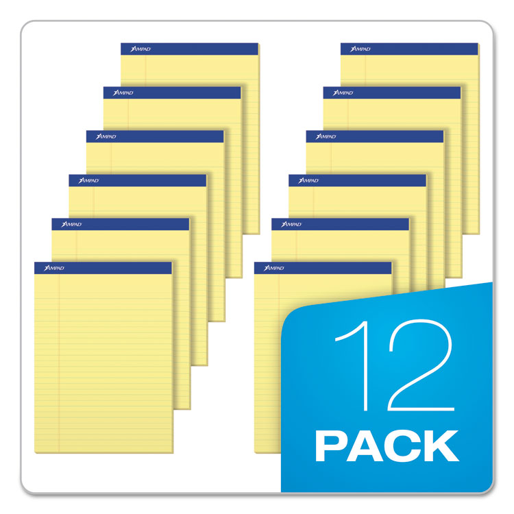 Ampad® Perforated Writing Pads, Wide/Legal Rule, 50 Canary-Yellow 8.5 x 11.75 Sheets, Dozen (TOP20220)