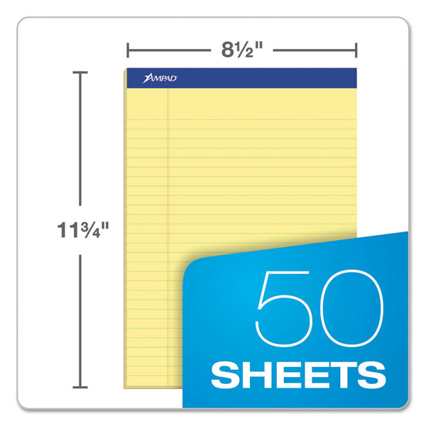 Ampad® Perforated Writing Pads, Wide/Legal Rule, 50 Canary-Yellow 8.5 x 11.75 Sheets, Dozen (TOP20220)