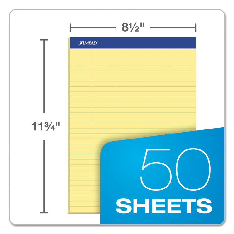 Ampad® Recycled Writing Pads, Wide/Legal Rule, Politex Green Kelsu Headband, 50 Canary-Yellow 8.5 x 11.75 Sheets, Dozen (TOP20270)