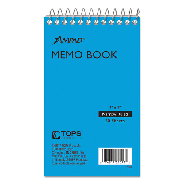 Ampad® Memo Pads, Narrow Rule, Randomly Assorted Cover Colors, 50 White 3 x 5 Sheets (TOP25093)